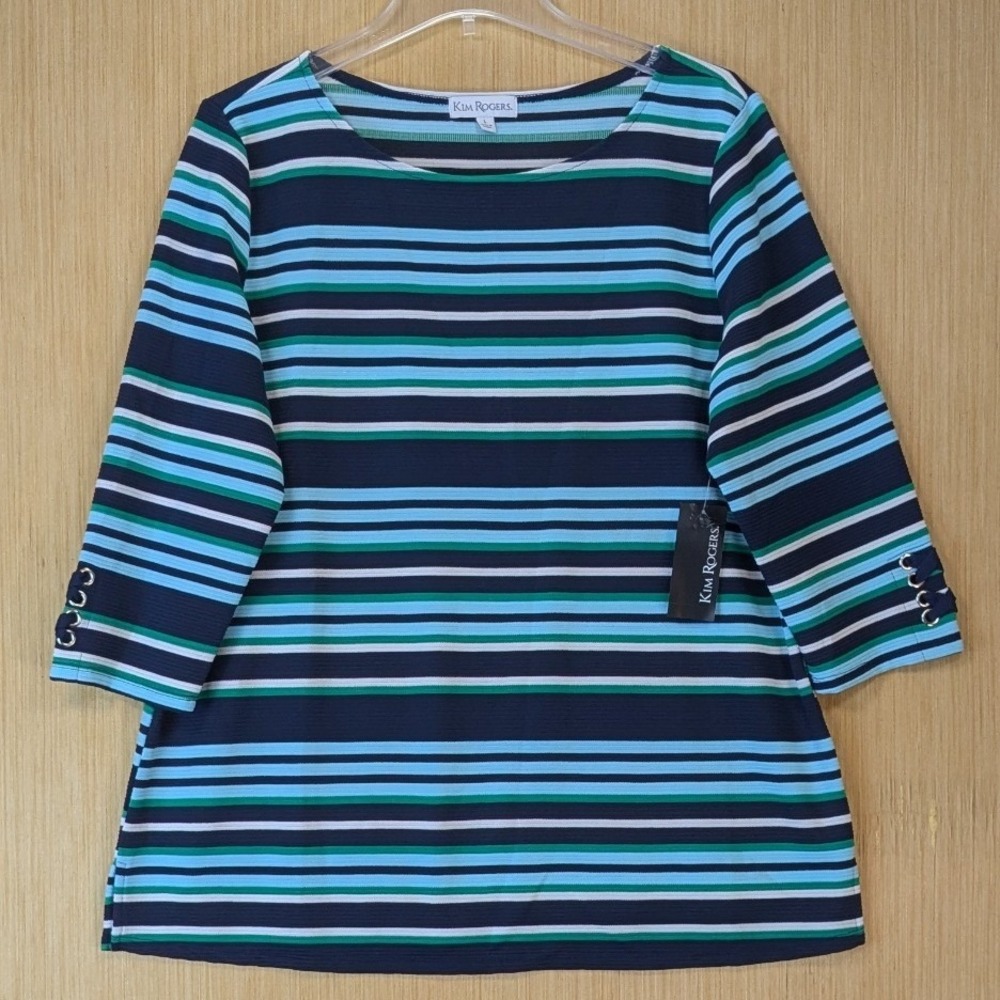 Kim Rogers Womens Preppy Nautical Large Blue Striped Lace Up Cuff Knit Top NEW